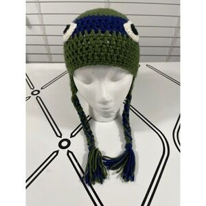 Kids Crochet Ninja Turtle‎ Hat With Braids Green Blue White Black Eye